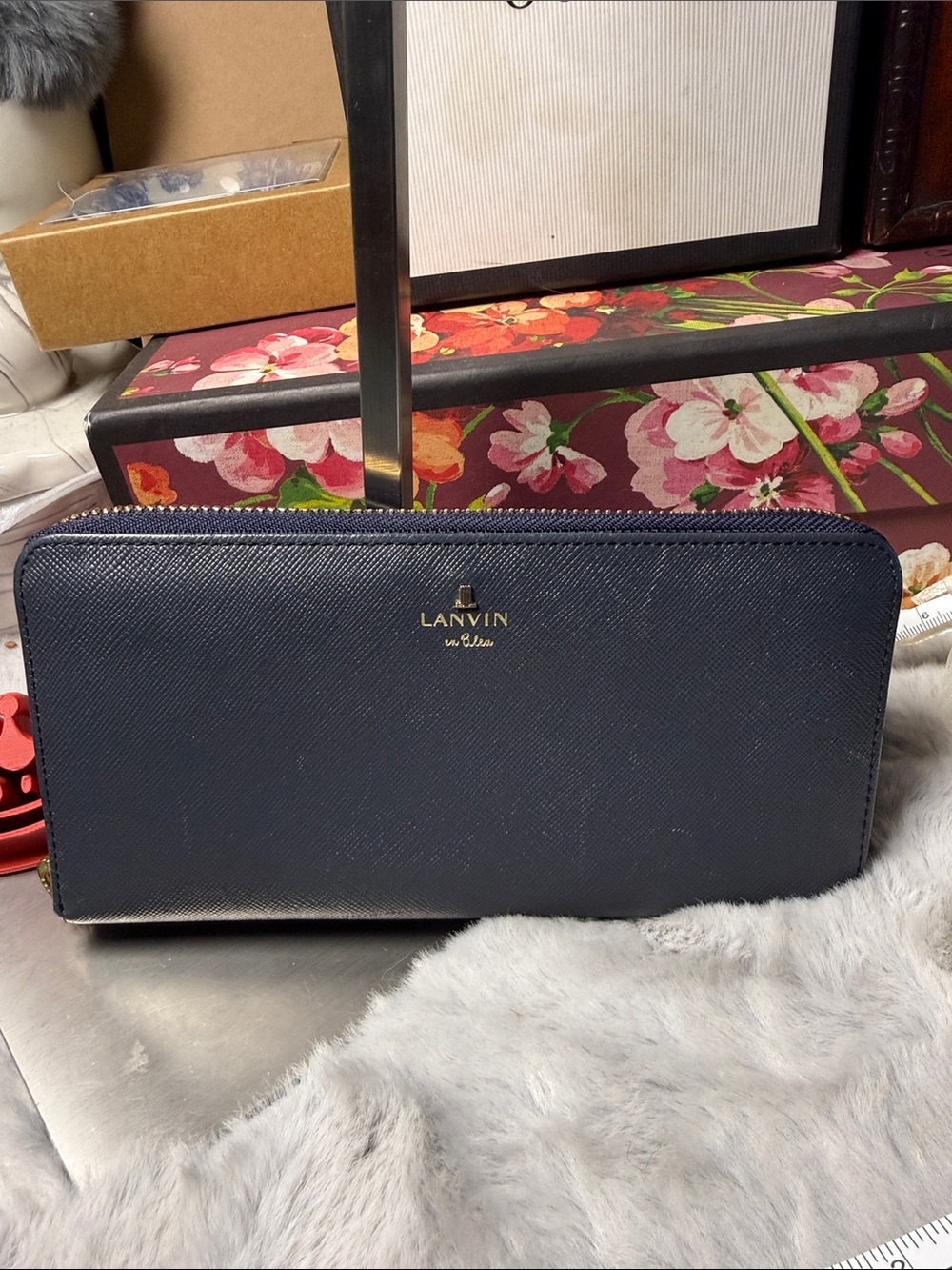 Lanvin navy zip-around wallet with gold logo and hardware